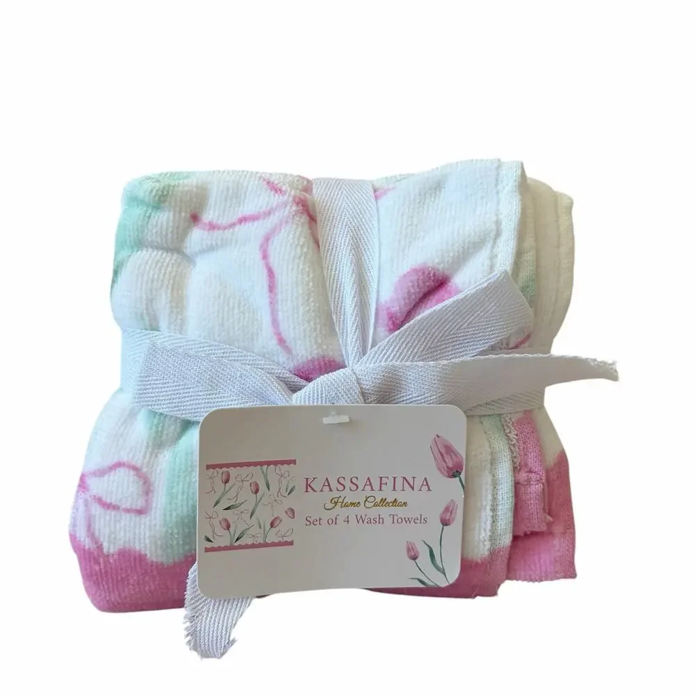 5pc KASSAFINA Towel Set - 4 Wash 1 Bath Towel 100% Cotton Pink Tulip Bow NEW